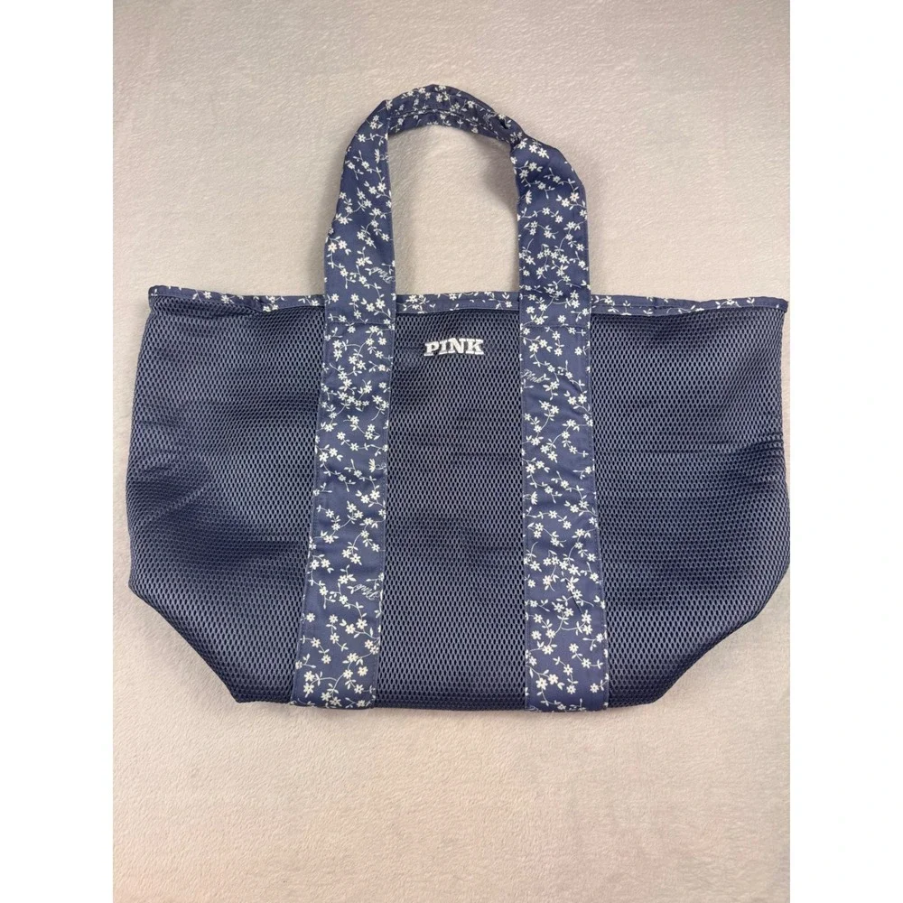 Victoria's Secret PINK Mesh Tote Bag Navy Blue Floral Zipper Beach Gym Carryall